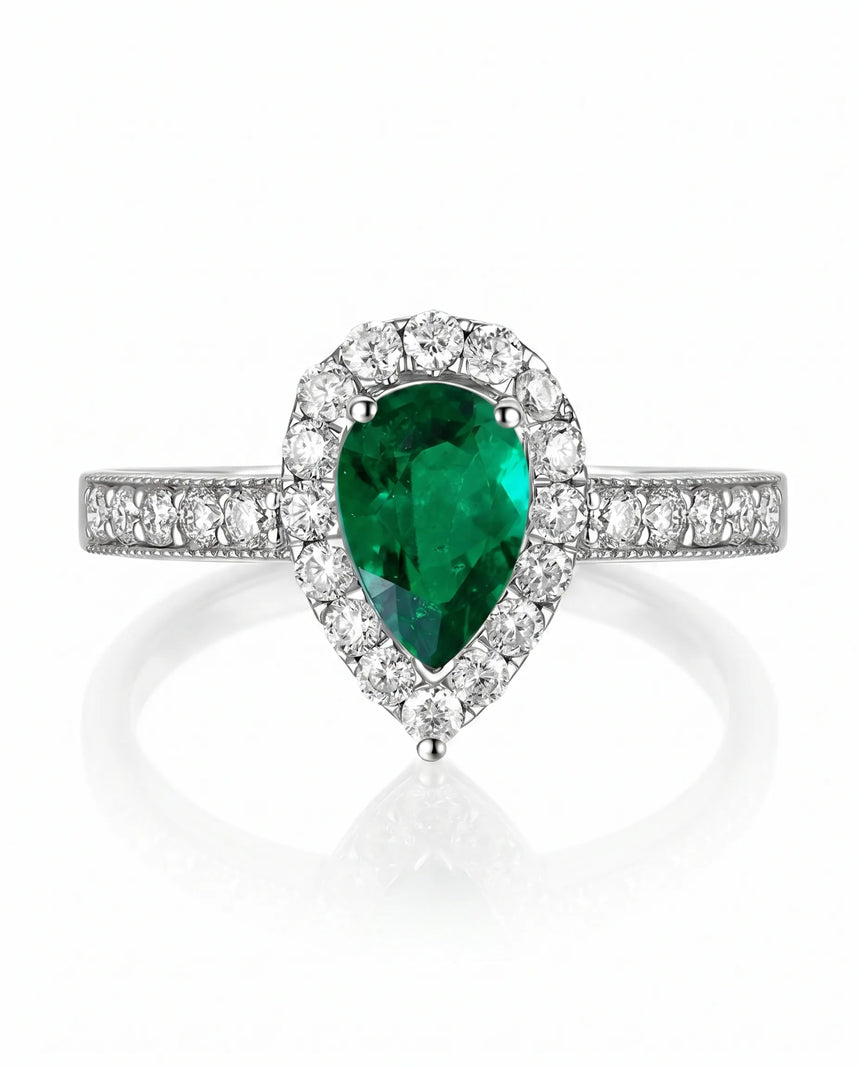 Pear shaped emerald diamond ring in 18K white gold | SARATTI