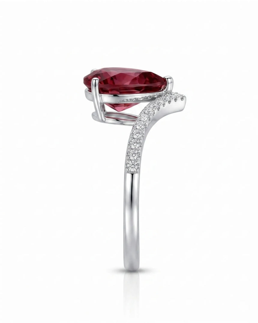 Pear tourmaline engagement ring with tiara-inspired diamond band in premium platinum | SARATTI