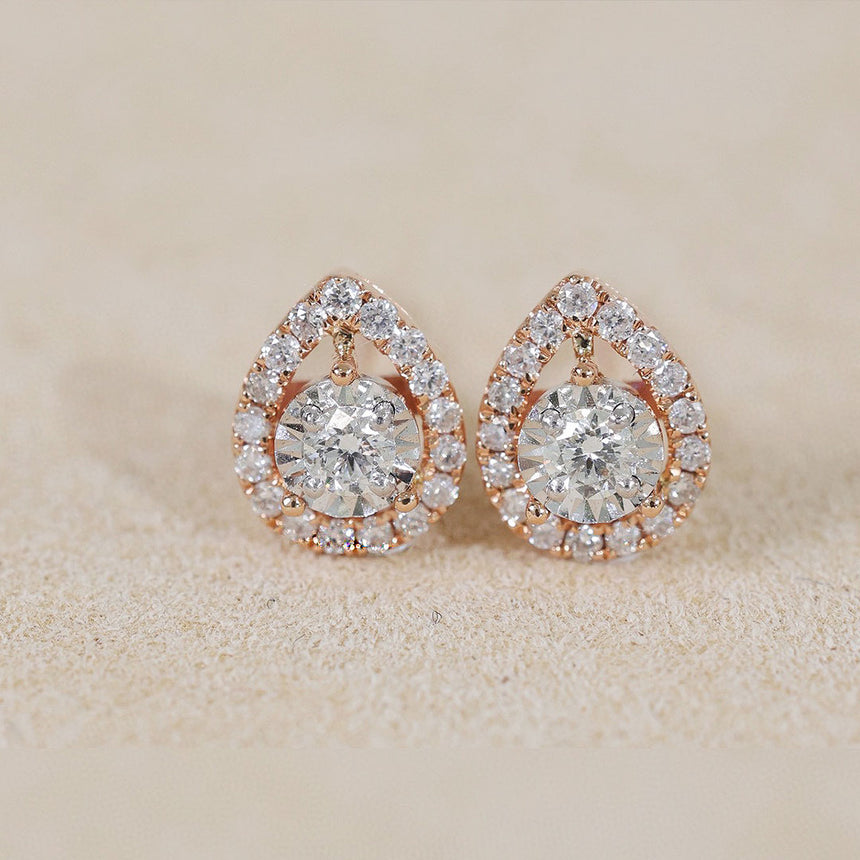 Hollow Halo Rose Gold Tiny Diamond Stud Earrings | Saratti | Custom High and Fine Jewelry