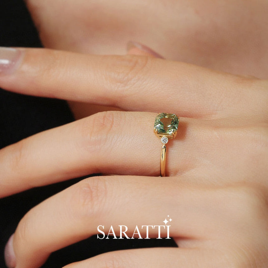 Model Sports the  Escalera Verde Three Stone Tourmaline and Diamond Ring | Saratti Fine Jewelry