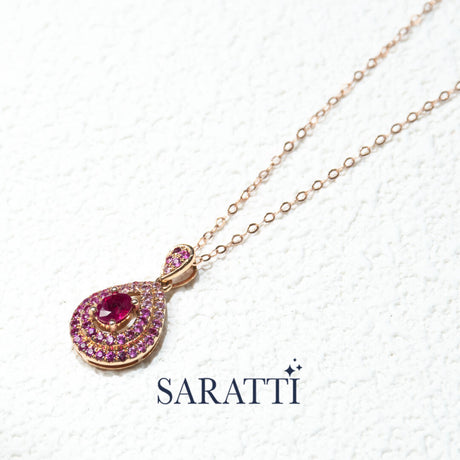 Side Shot of the Yellow Gold Mogok Rose Red Ruby Pendant | Saratti Fine Jewelry