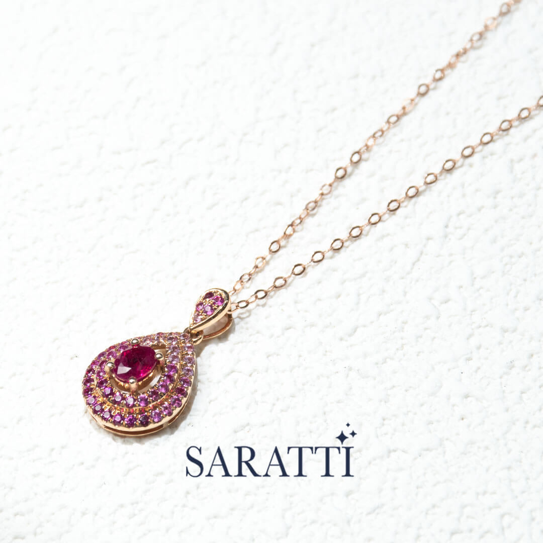 Side Shot of the Yellow Gold Mogok Rose Red Ruby Pendant | Saratti Fine Jewelry