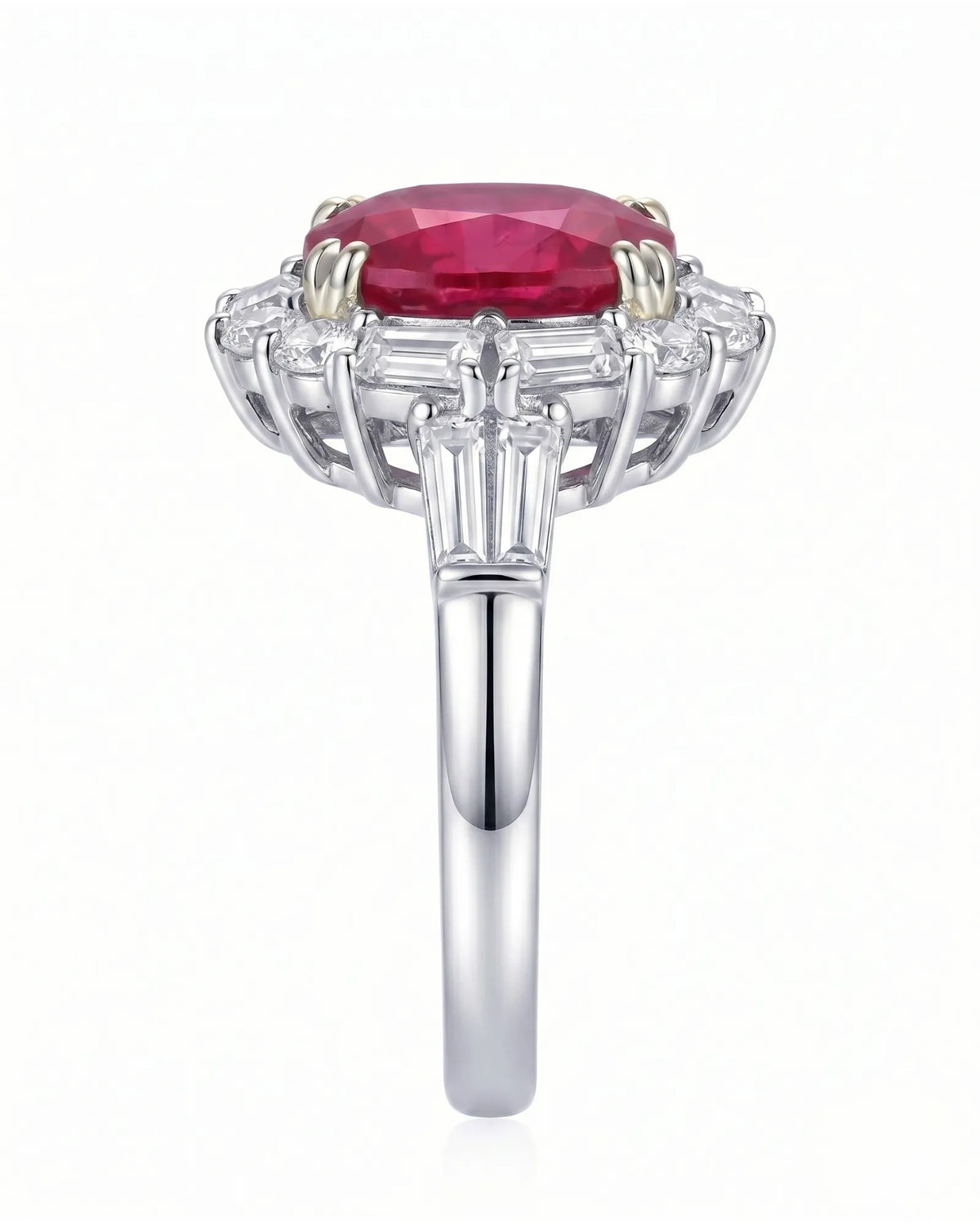 Pigeon blood ruby ring with geometric diamond halo in refined platinum - SARATTI