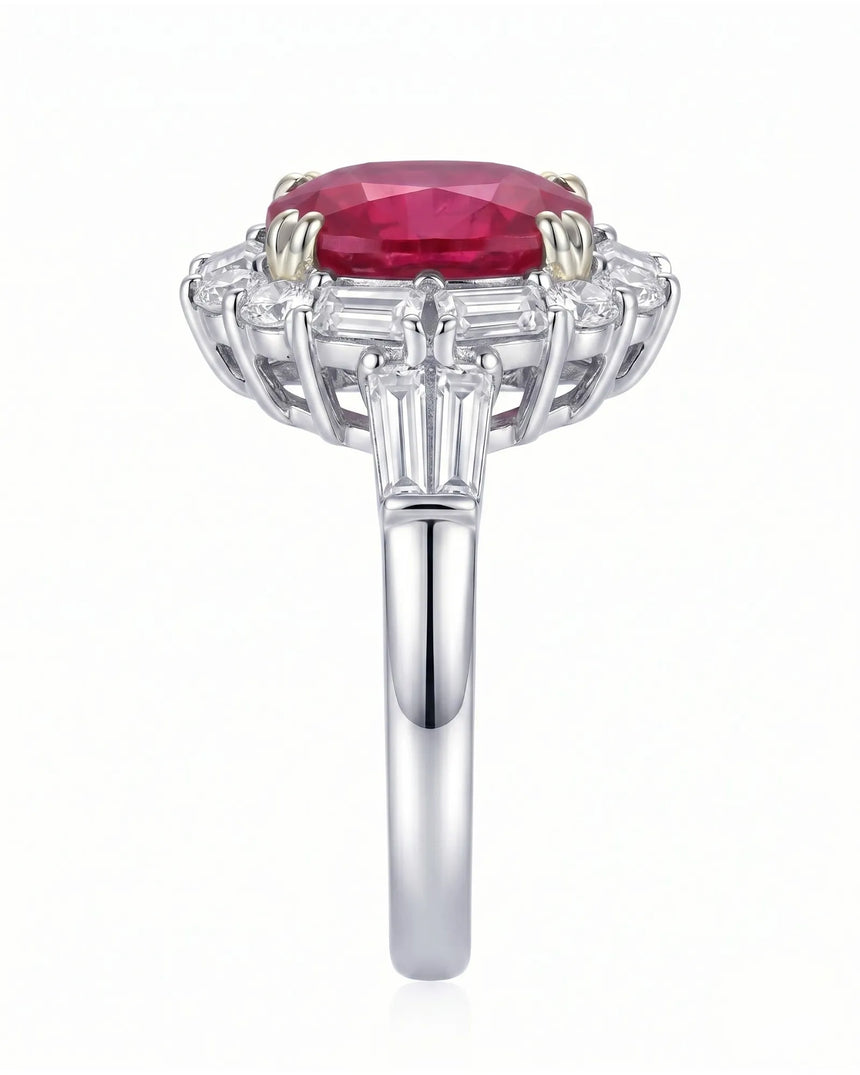 Pigeon blood ruby ring with geometric diamond halo in refined platinum - SARATTI
