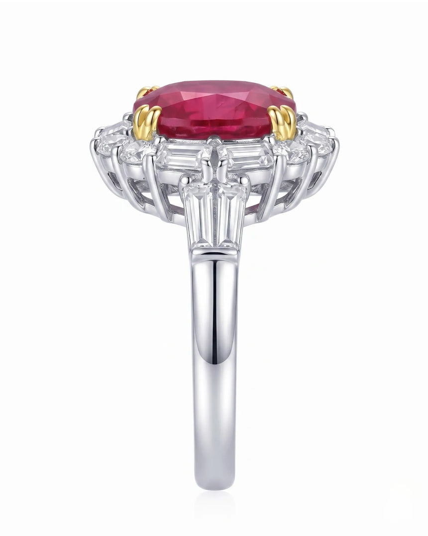Pigeon blood ruby ring with geometric diamond halo in two tone | SARATTI