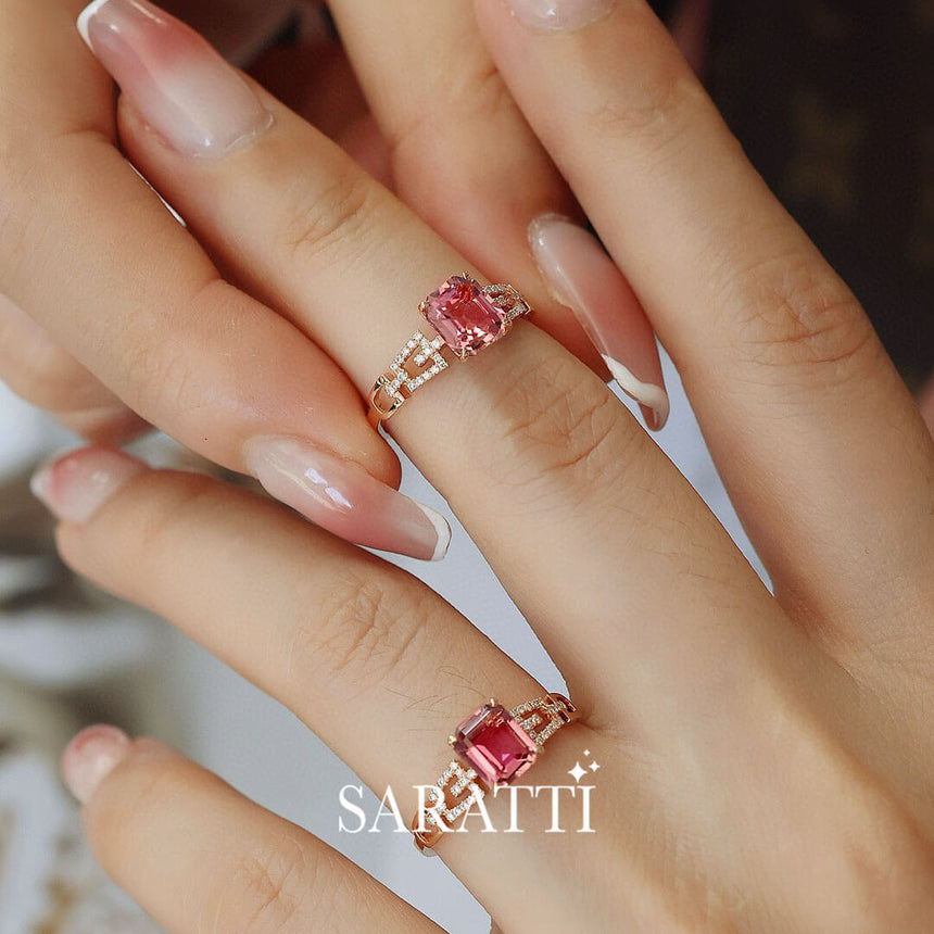 Model sports two Passion Seal Pink Tourmaline Engagement Ring  | Saratti Fine Jewelry