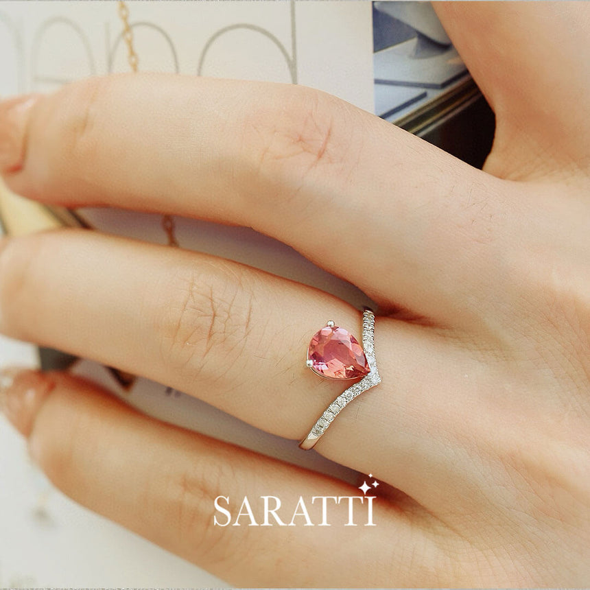Diamond V Shaped Shank Perspective | White Gold Teardrop Tiara Pink Tourmaline Engagement Ring | Saratti Fine Jewelry