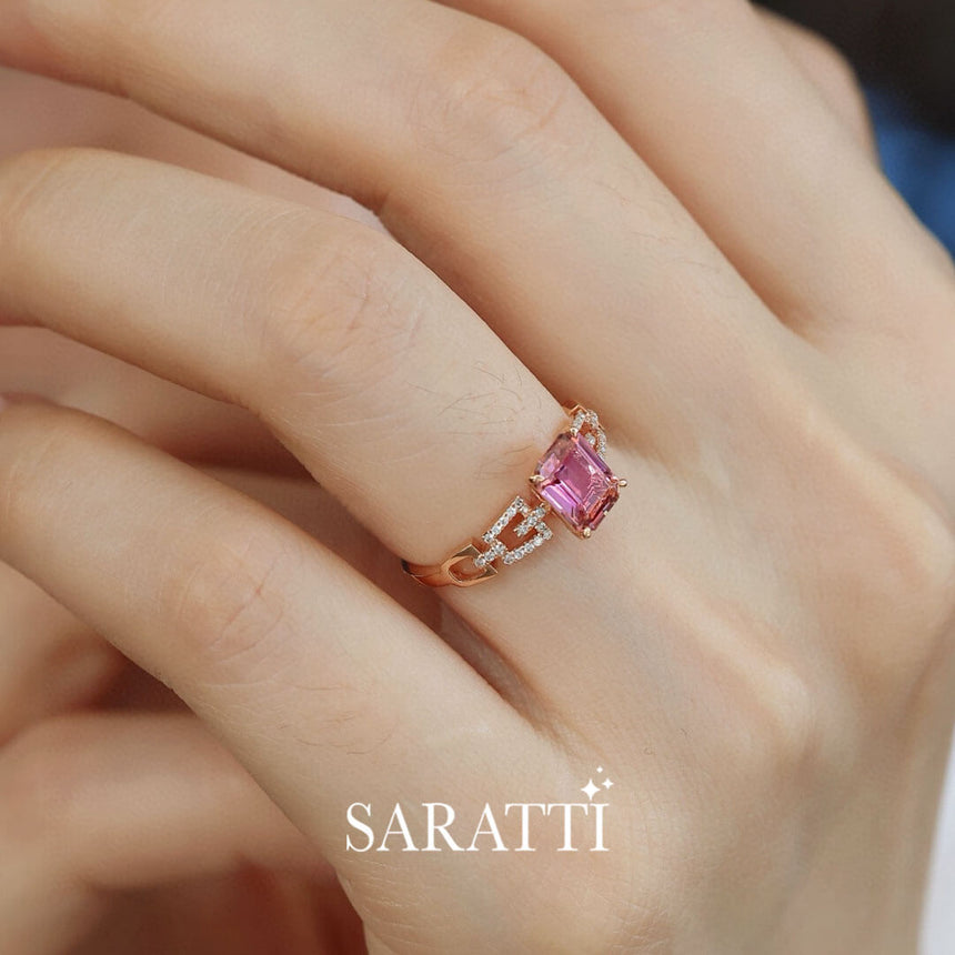 Model Wears the Passion Seal Pink Tourmaline Engagement Ring  | Saratti Fine Jewelry
