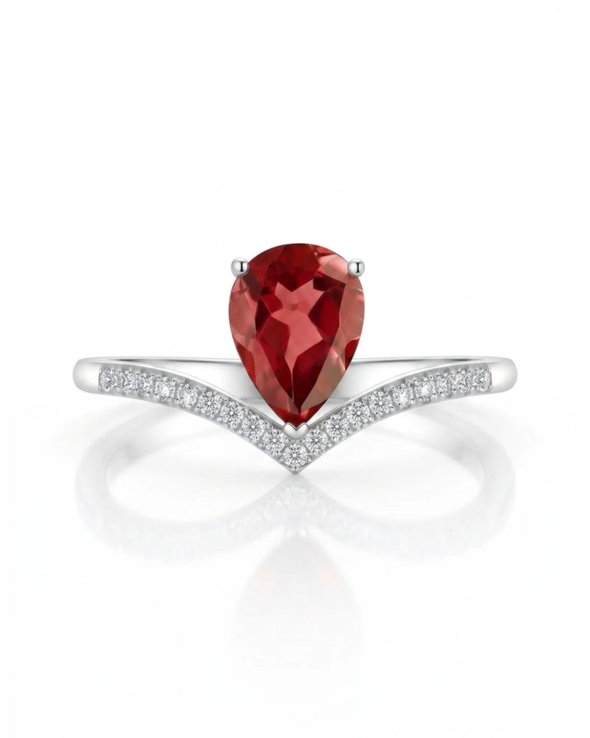 Pink pear tourmaline ring with curved diamond V shank in 18K white gold | SARATTI