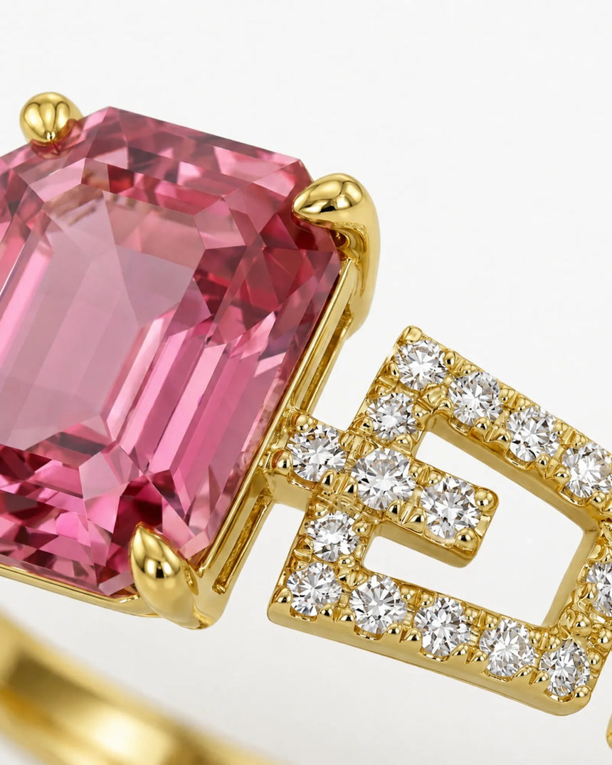 Pink tourmaline engagement ring with Art Deco diamond shoulders in 18K yellow gold | SARATTI