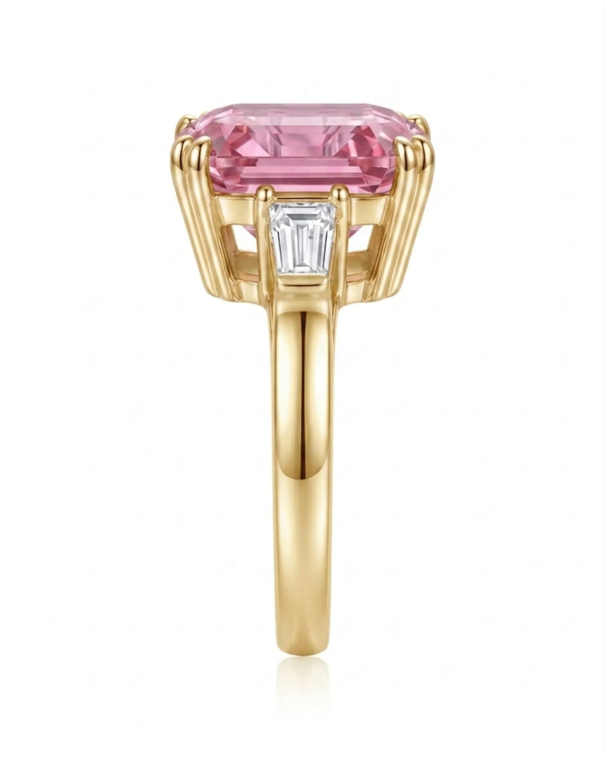 Pink tourmaline engagement ring with baguette diamond side stones in 18K yellow gold | SARATTI