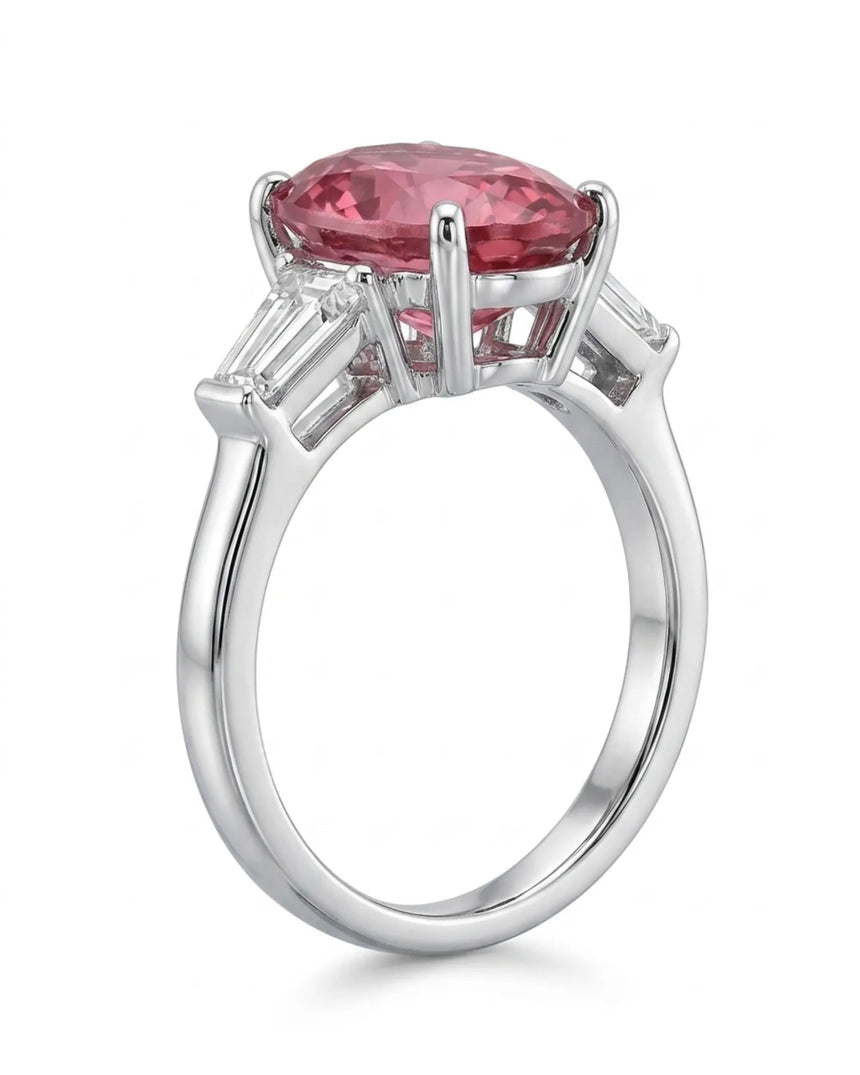 Pink tourmaline engagement ring with geometric diamond side stones in polished platinum | SARATTI