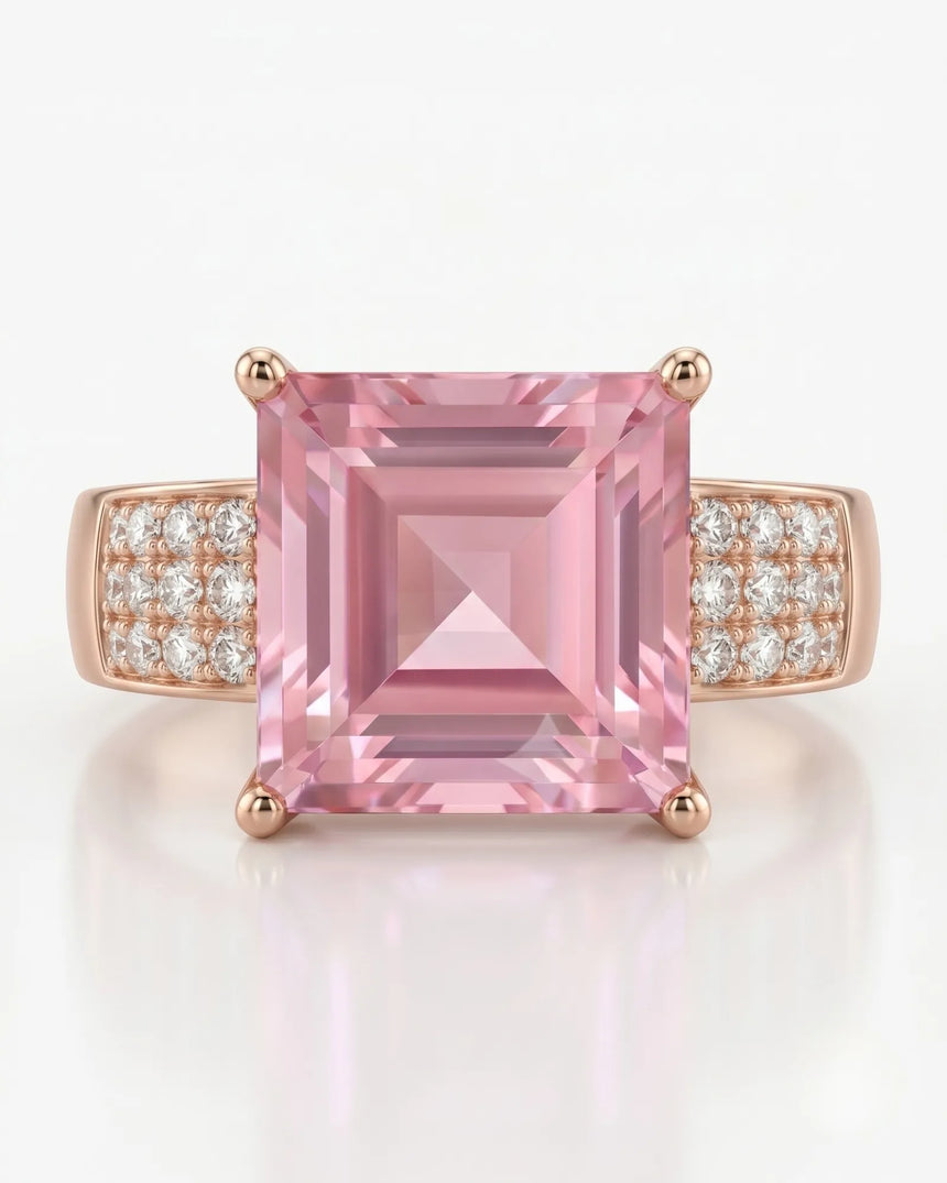 Pink tourmaline engagement ring with three-row diamond shoulders in 18K rose gold | SARATTI