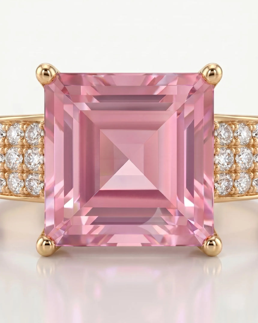Pink tourmaline engagement ring with three-row diamond shoulders in 18K yellow gold - SARATTI