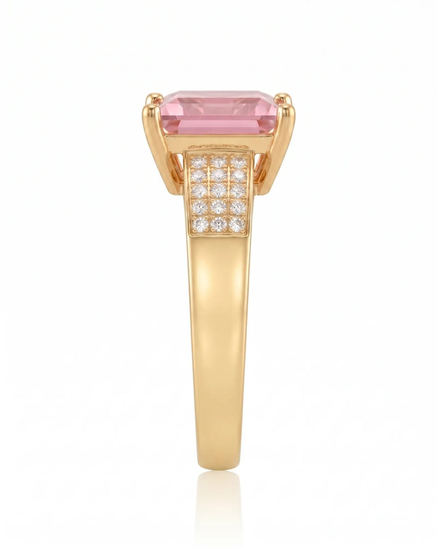 Pink tourmaline engagement ring with three-row diamond shoulders in 18K yellow gold | SARATTI