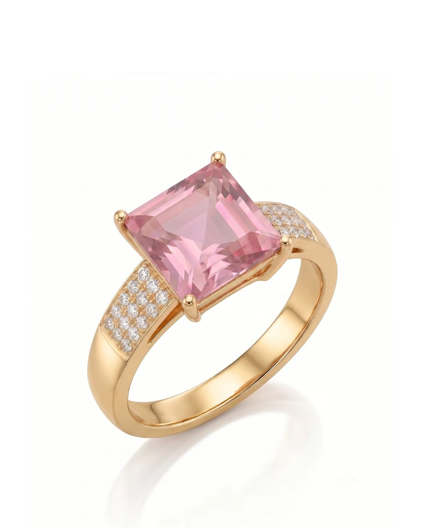 Pink tourmaline ring with princess-cut center stone and three-row diamonds in 18K yellow gold | SARATTI