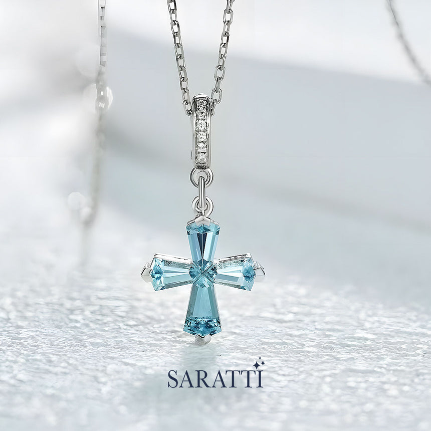 Platinum Aquamarine Cross Necklace with Excellent Cut stones - SARATTI