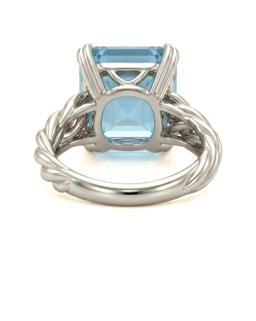Platinum aquamarine ring with Asscher cut center stone and textured band design | SARATTI