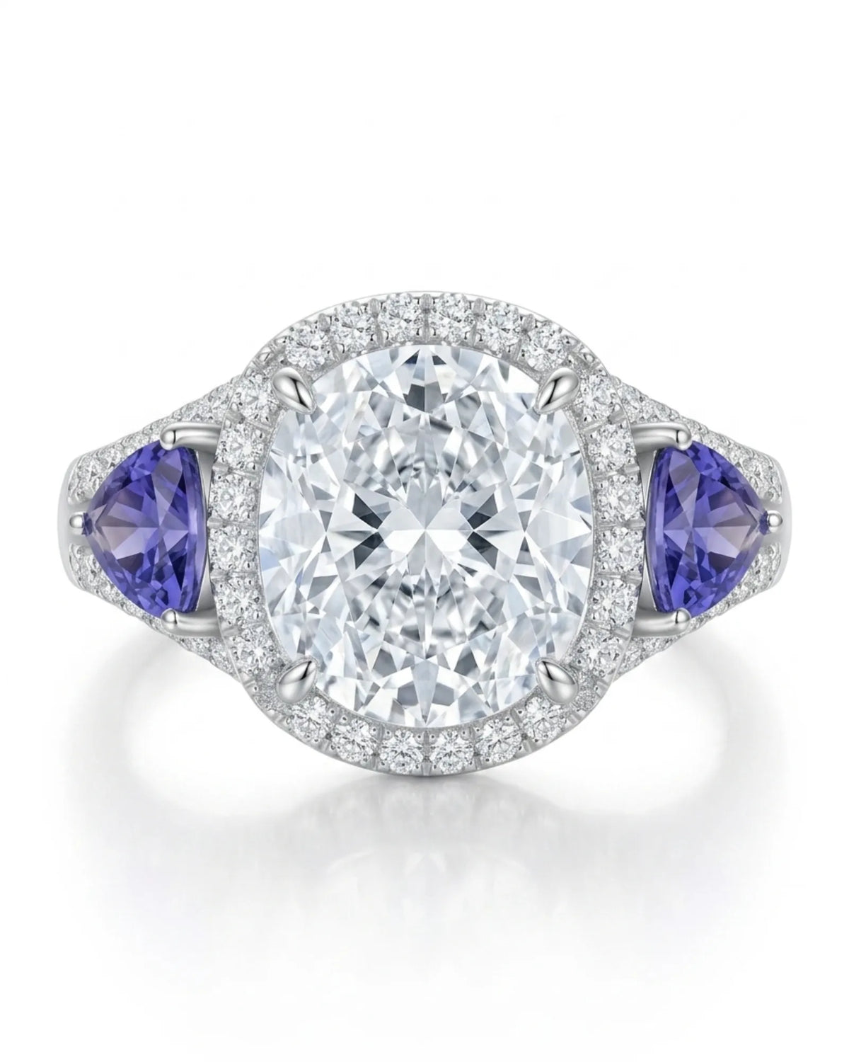 Platinum cushion moissanite and tanzanite ring for elegant proposal moments | SARATTI