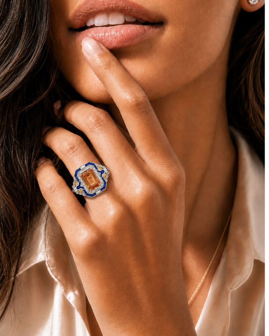 two tone emerald cut Topaz setting with sapphire and diamond Art Deco detail - SARATTI