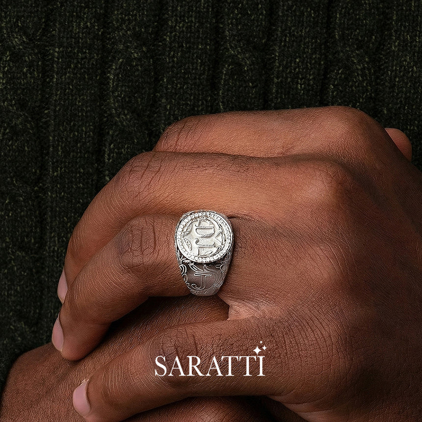 Platinum regalia d’oro II signet ring with diamond halo crest design | SARATTI