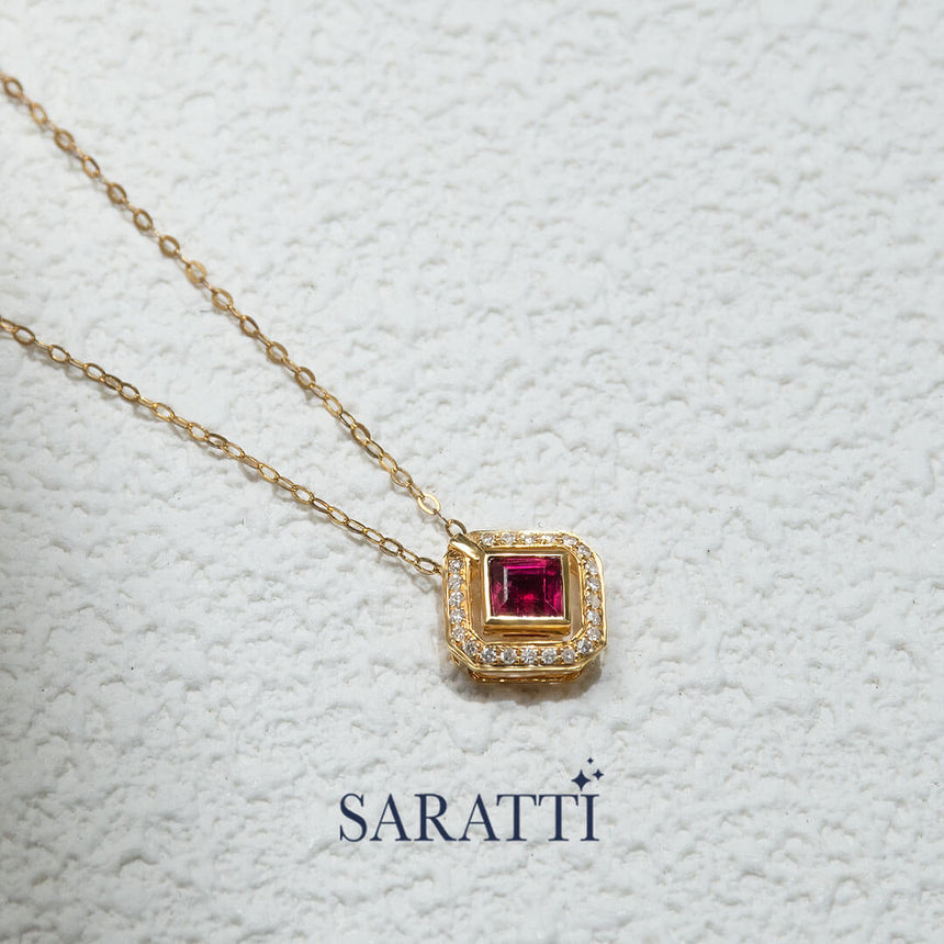 Red Citadel Ruby Pendant with Diamond Halo | Saratti Fine Jewelry