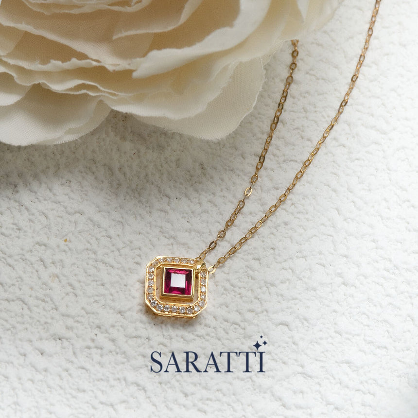 Yellow Gold Dainty Chain Red Citadel Ruby Pendant | Saratti Fine Jewelry