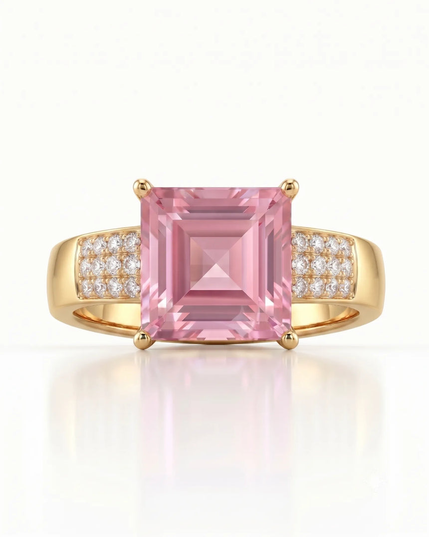 Princess-cut pink tourmaline ring with round brilliant diamonds in 18K yellow gold | SARATTI