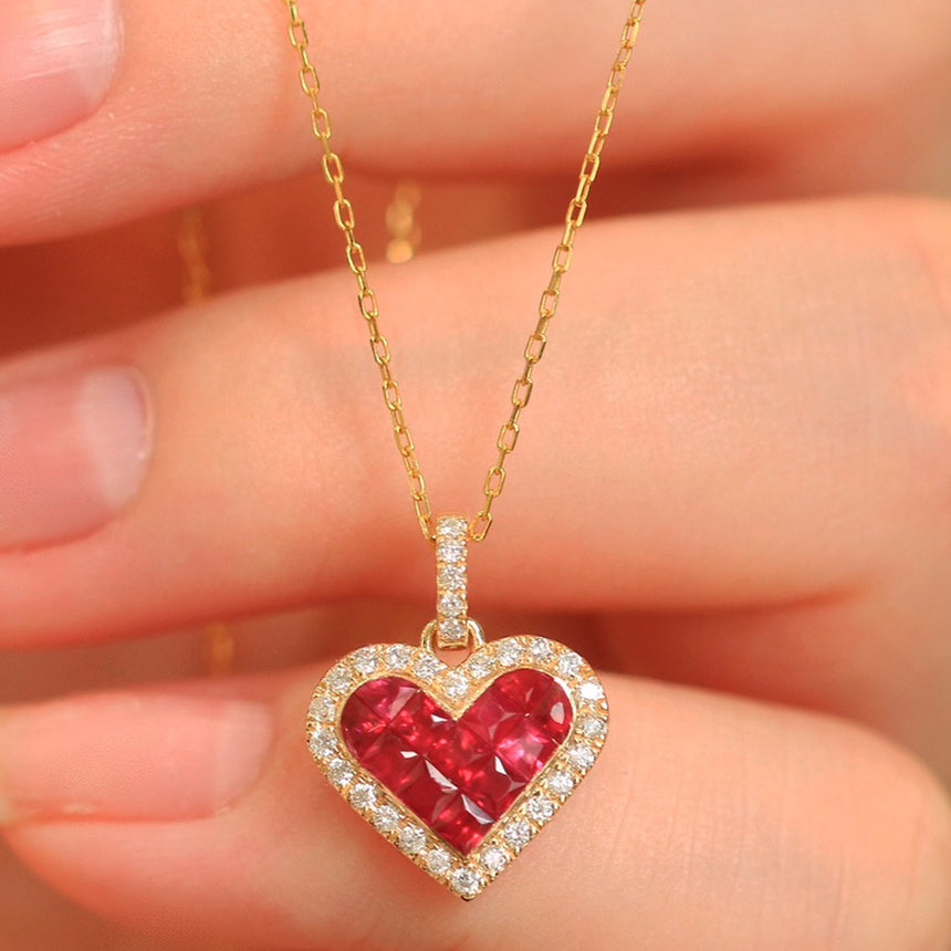 Princess Cut Rubies With Diamond Heart Shaped Halo | Saratti