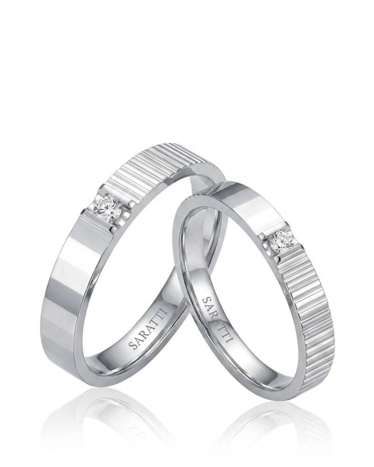Prism Radiance natural diamond his and hers wedding bands in polished 18K white gold | SARATTI