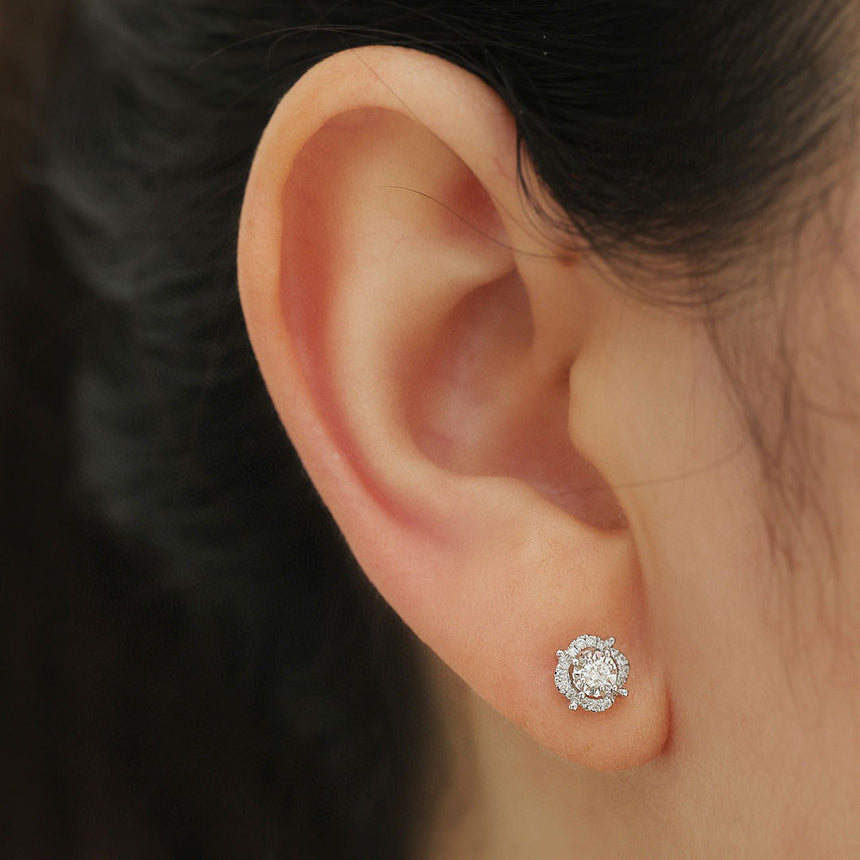 Halo Diamond Gold Earring Stud on Model's Ear | Saratti | Custom Fine and High Jewelry