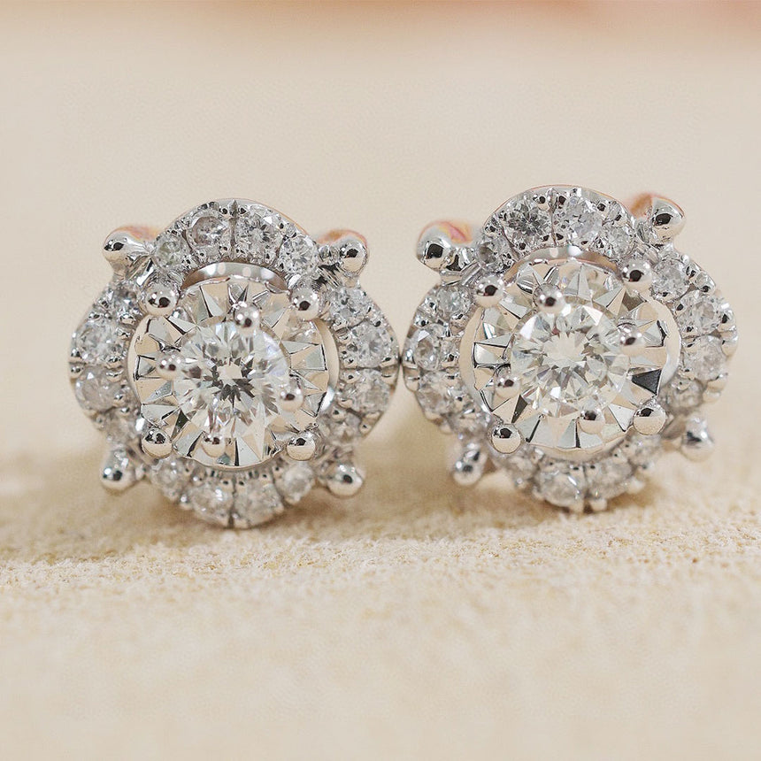 Diamond Halo Earrings in 18K White Gold | Saratti | Custom Fine and High Jewelry