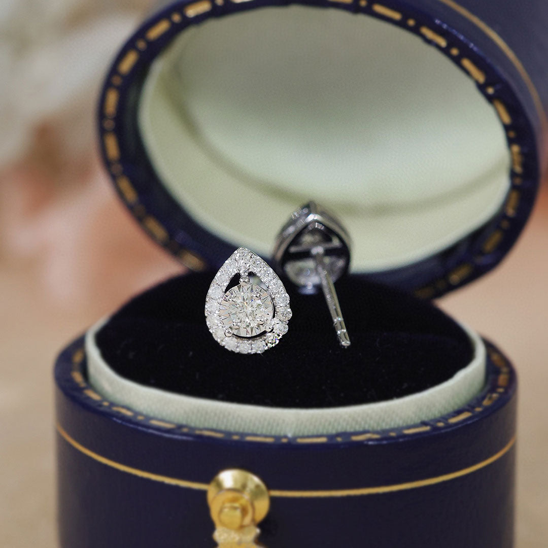 Minimalist Pave Set Diamond Halo Earring Pair in Ring Box  | Saratti | Custom High and Fine Jewelry 