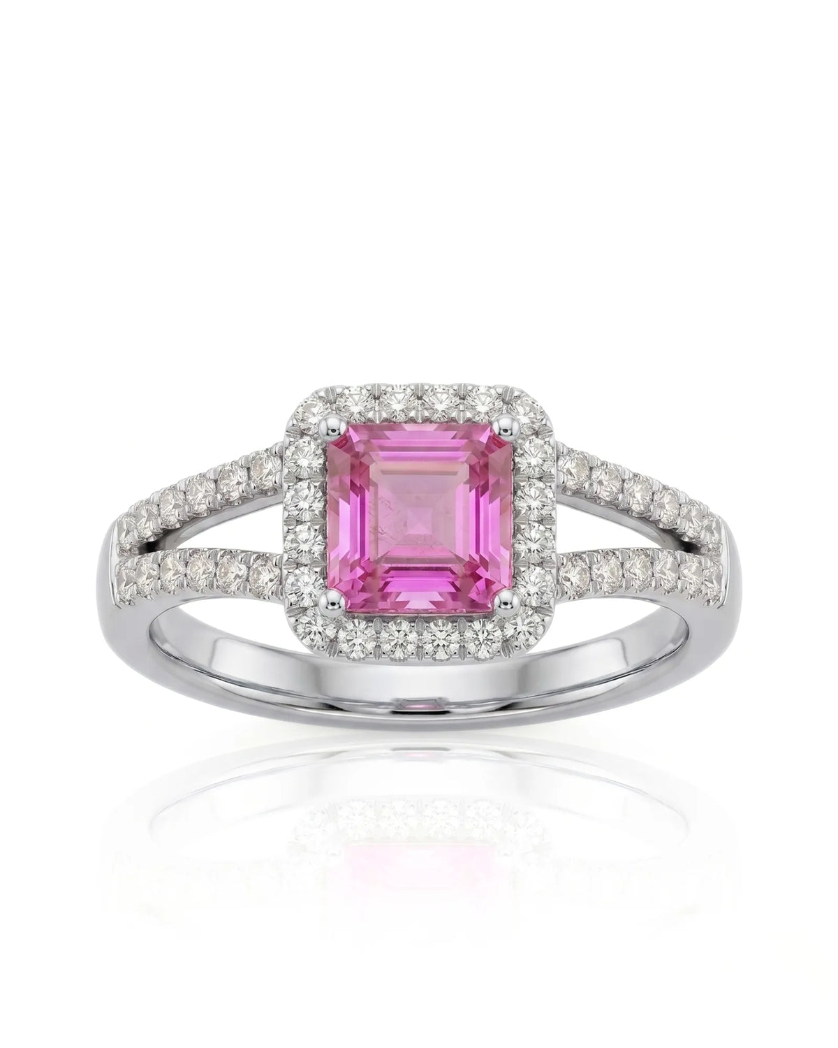 Purple Asscher sapphire ring with pavé diamond split shank in enduring platinum | SARATTI