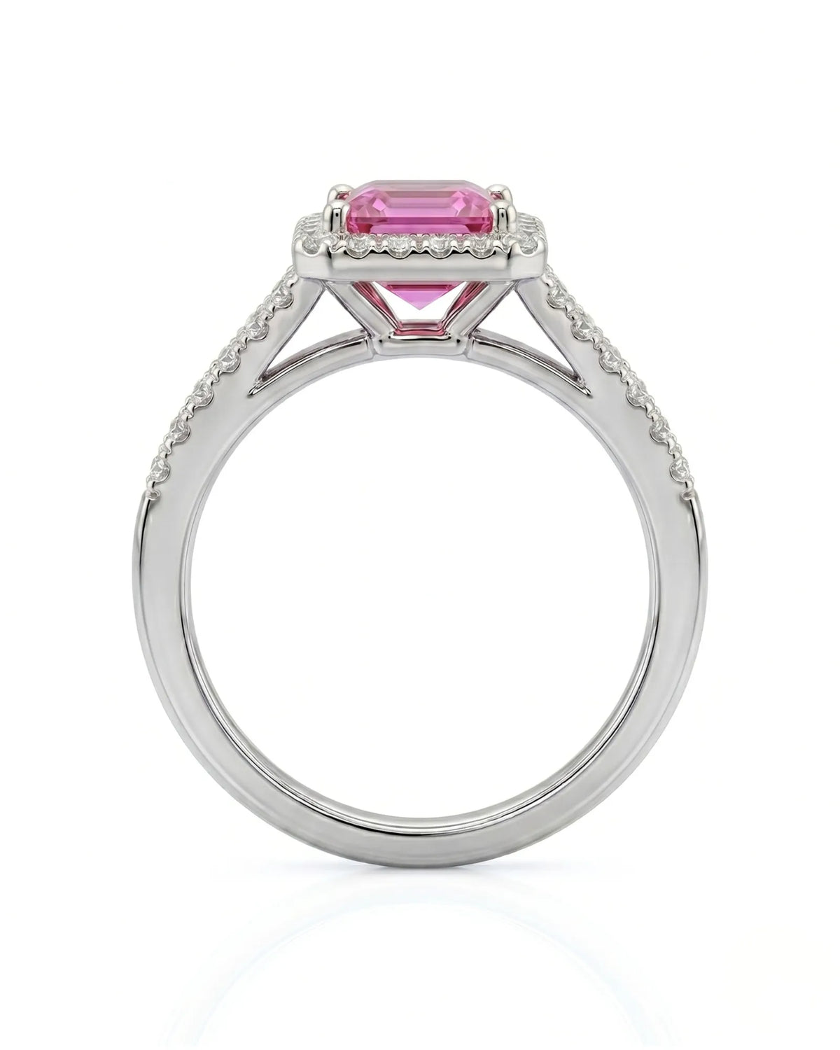 Purple Asscher sapphire ring with pavé diamond split shank in white gold | SARATTI