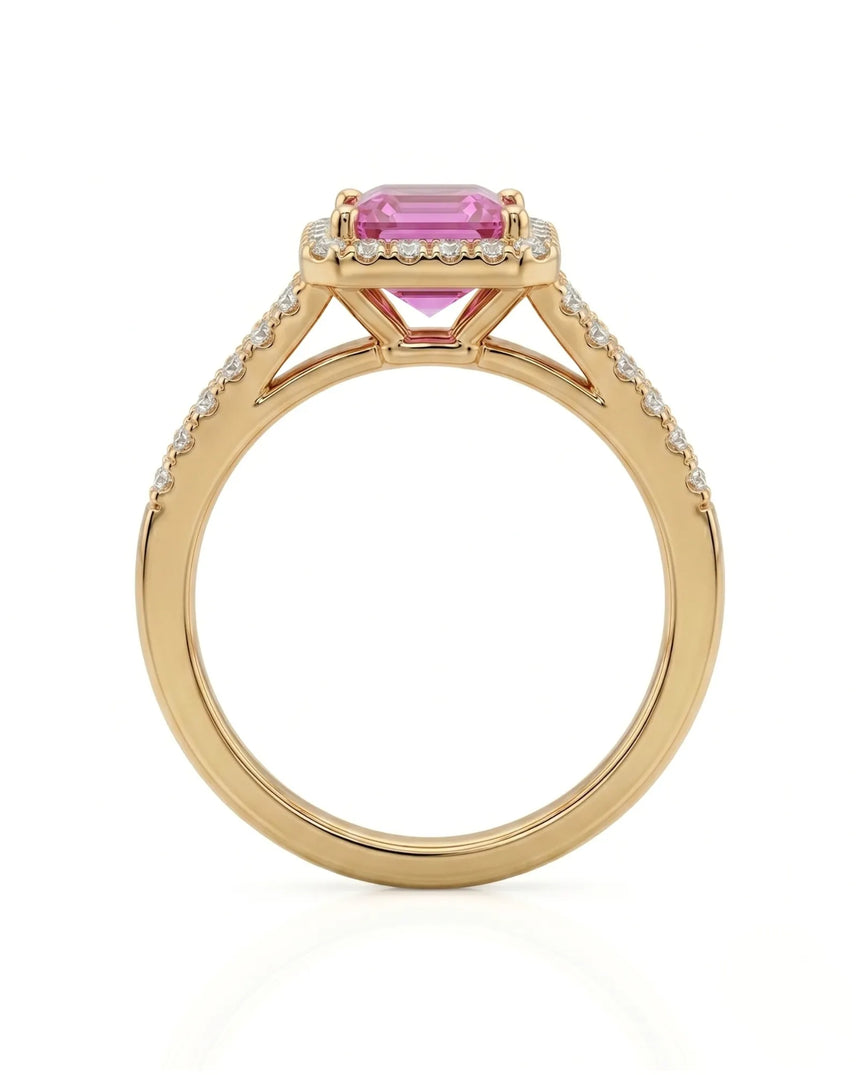 Purple Asscher sapphire ring with pavé diamond split shank in yellow gold | SARATTI