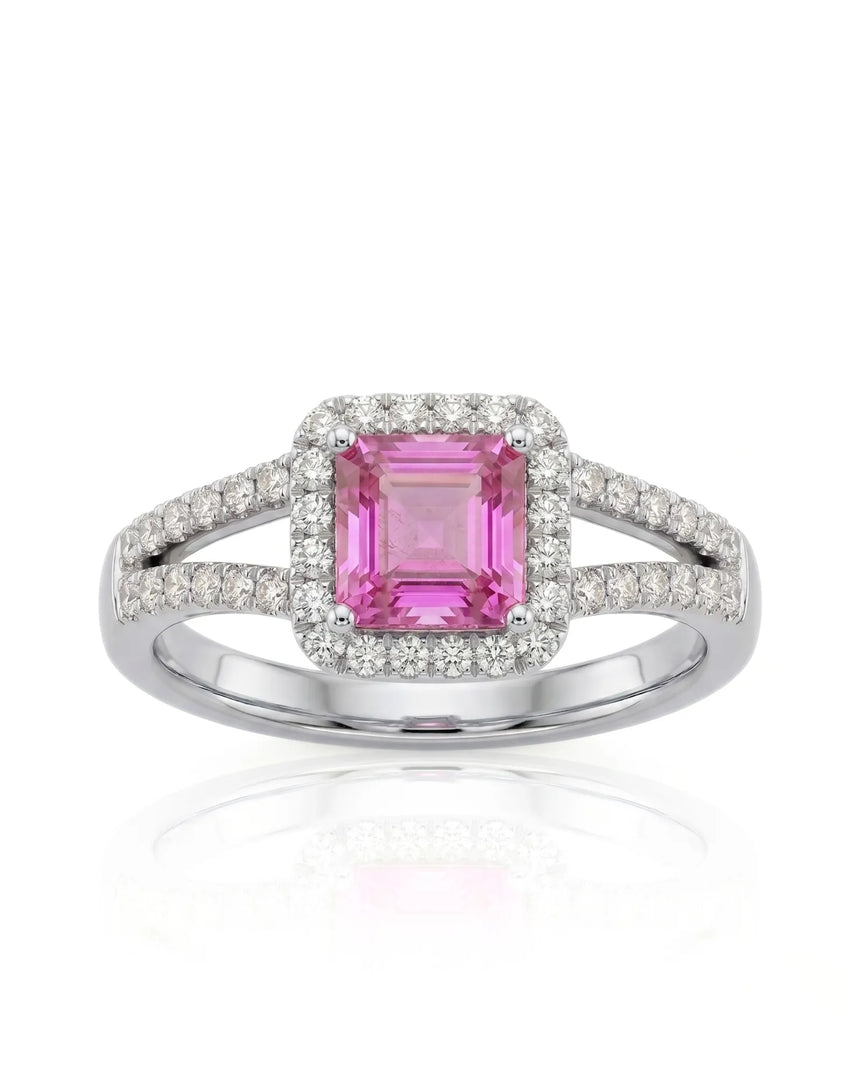 Purple sapphire and diamond engagement ring with geometric halo in white gold | SARATTI