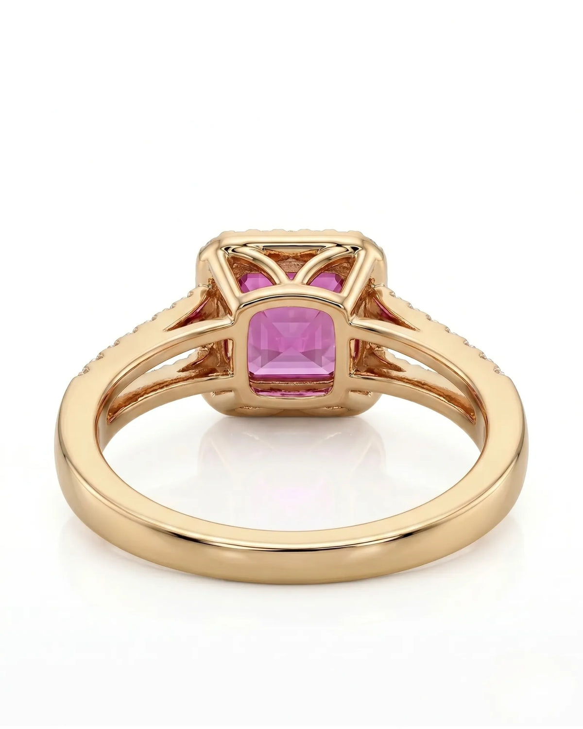 Purple sapphire and diamond engagement ring with geometric halo in yellow gold | SARATTI