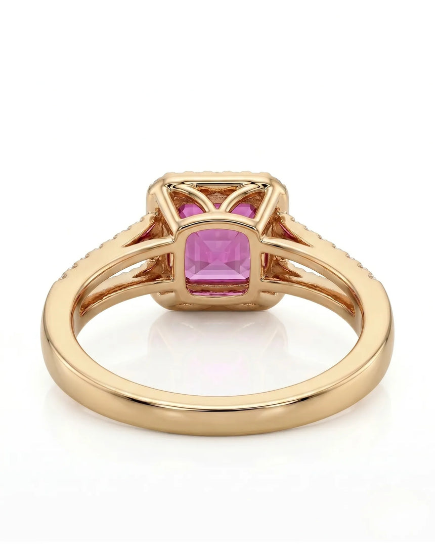 Purple sapphire and diamond engagement ring with geometric halo in yellow gold | SARATTI