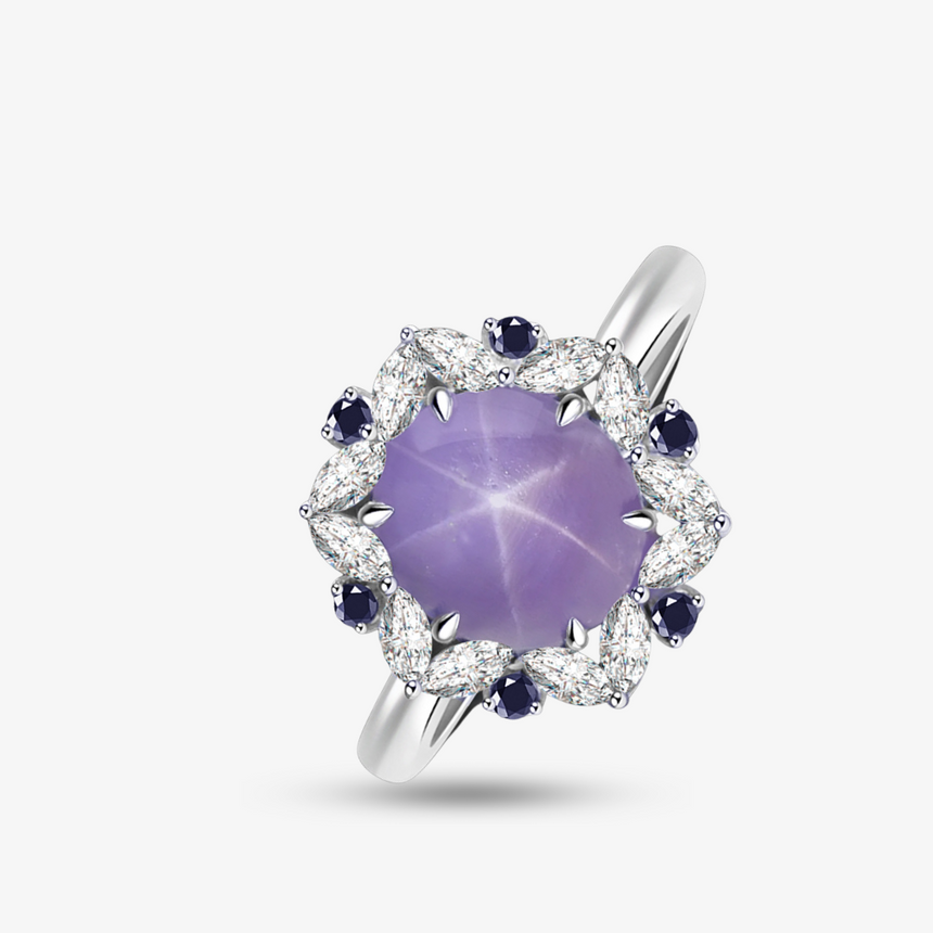 Purplish Pink Oval Cabochon Star Sapphire and Diamonds 18K White Gold | Saratti Jewelry