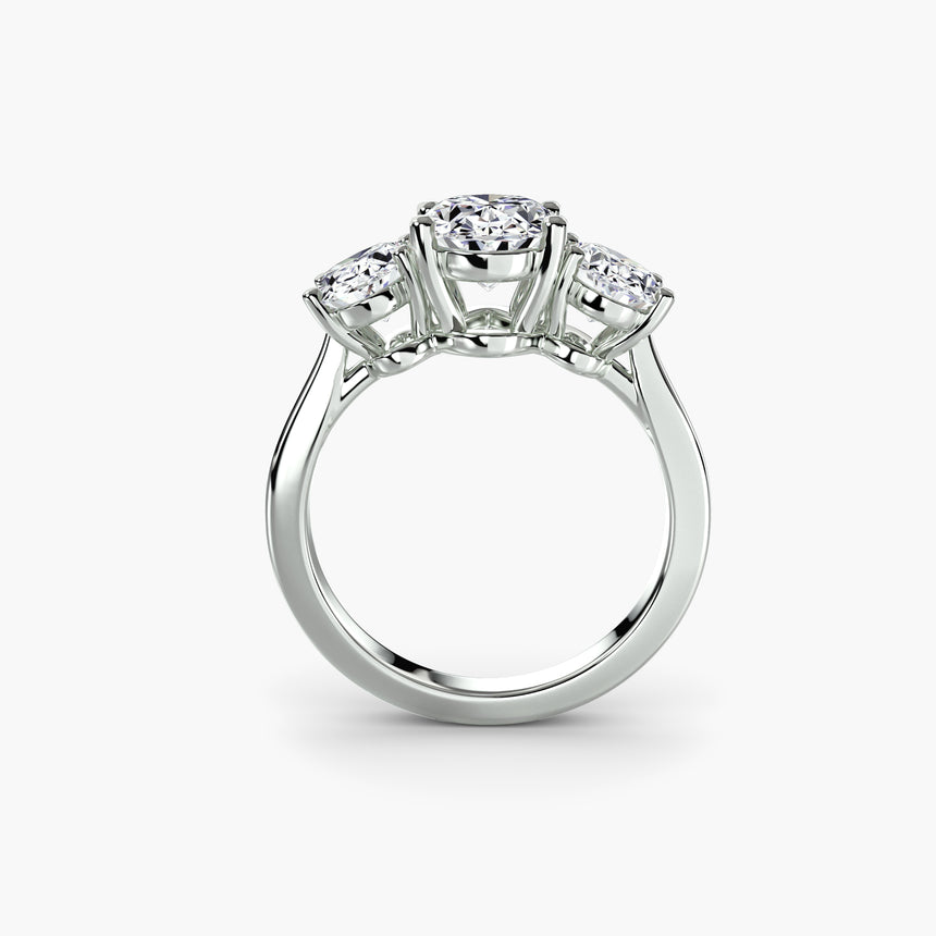 Oval three-stone diamond ring setting white gold side profile | SARATTI