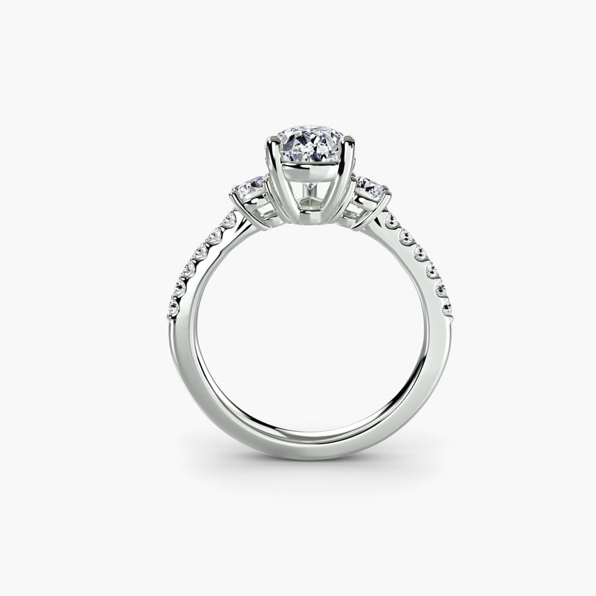 Round three stone diamond ring setting with pavé band | SARATTI