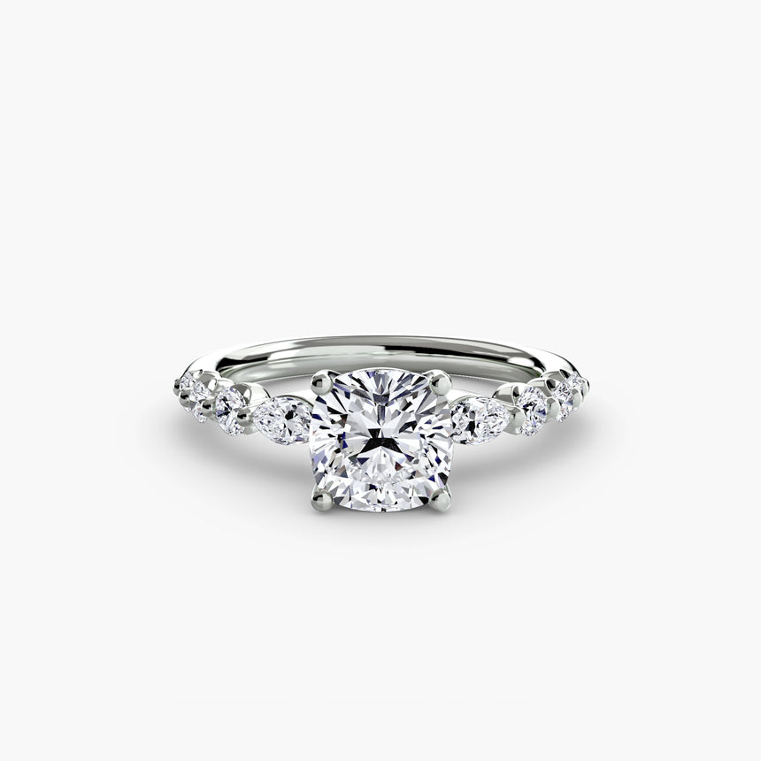 Cushion cut tiered accent engagement ring setting in 14K White gold | SARATTI