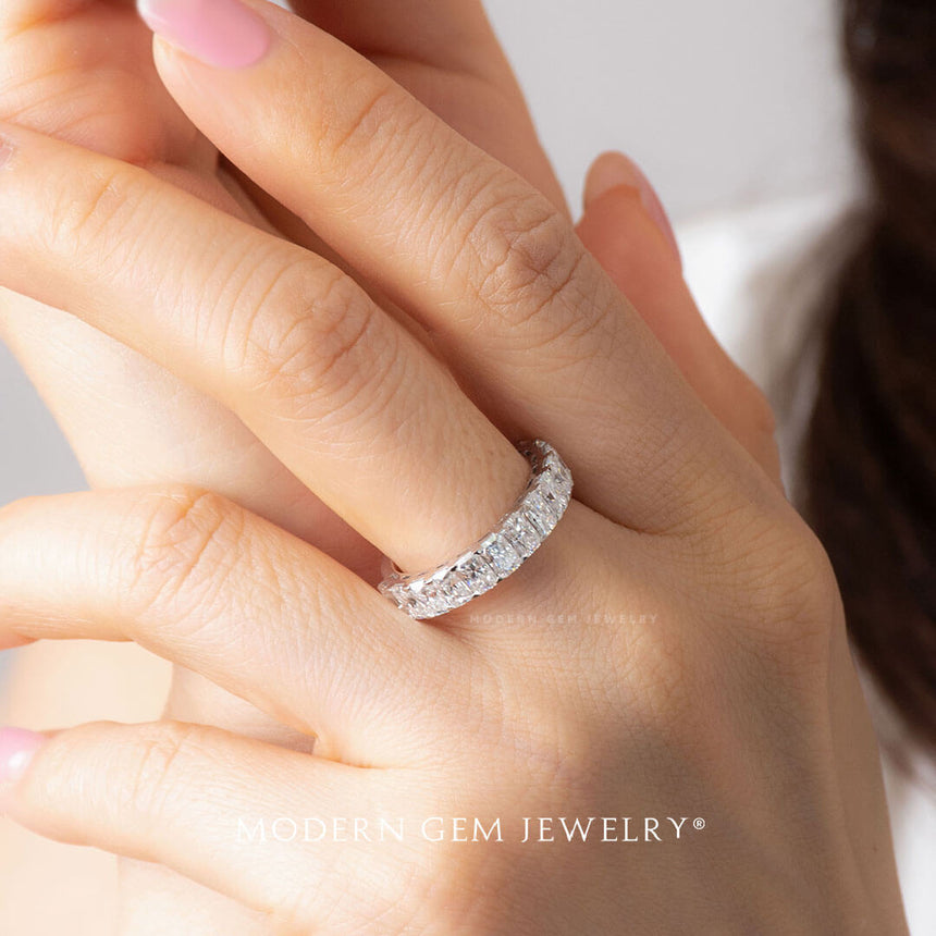 Half Eternity Radiant Cut Diamond Wedding Band In Platinum on Finger | Modern Gem Jewelry | Saratti