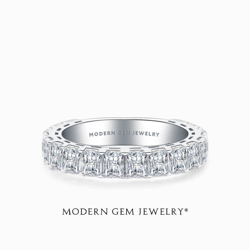 Unique Radiant Cut Wedding Band against White Background | Modern Gem Jewelry | Saratti
