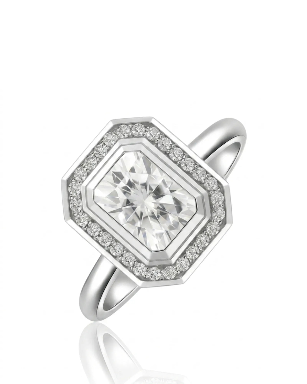 Radiant cut moissanite halo ring in platinum with geometric bezel-style frame | SARATTI