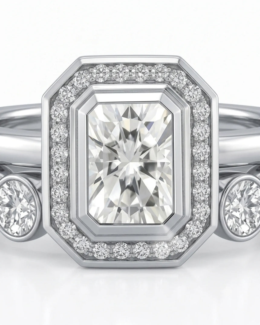 Radiant cut moissanite wedding set for a distinctive modern engagement crafted in platinum | SARATTI