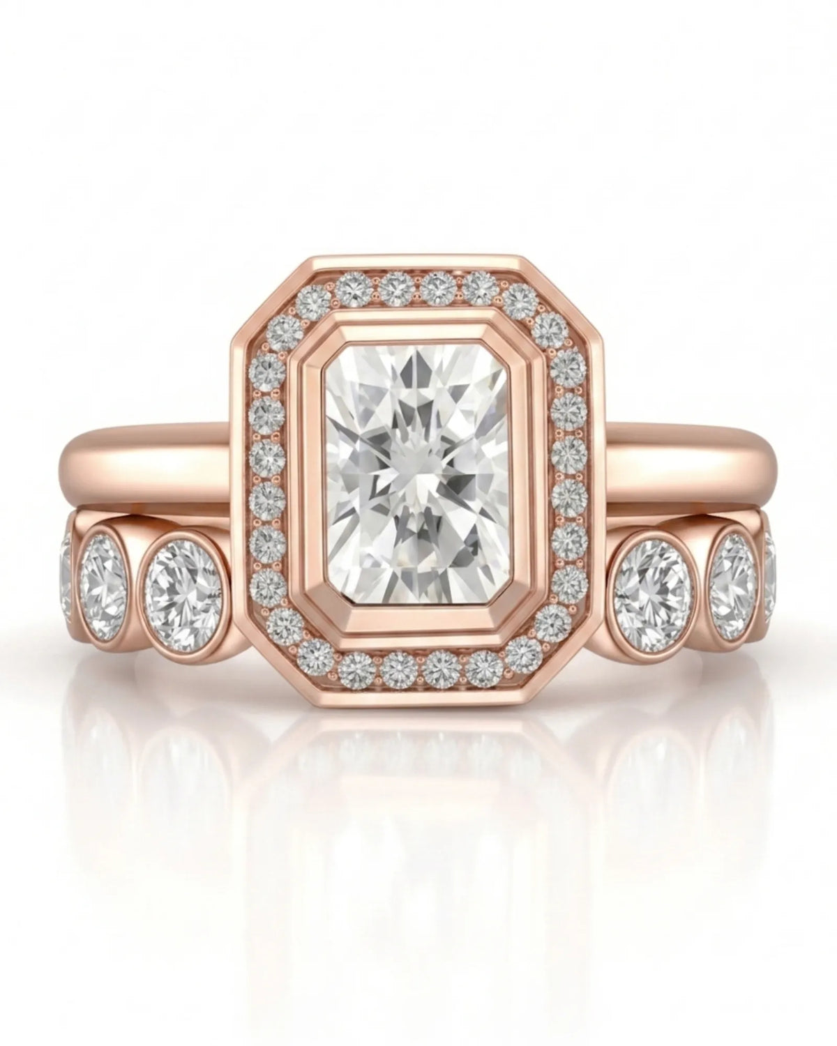 Radiant cut moissanite wedding set for a distinctive modern engagement in 18K rose gold | SARATTI