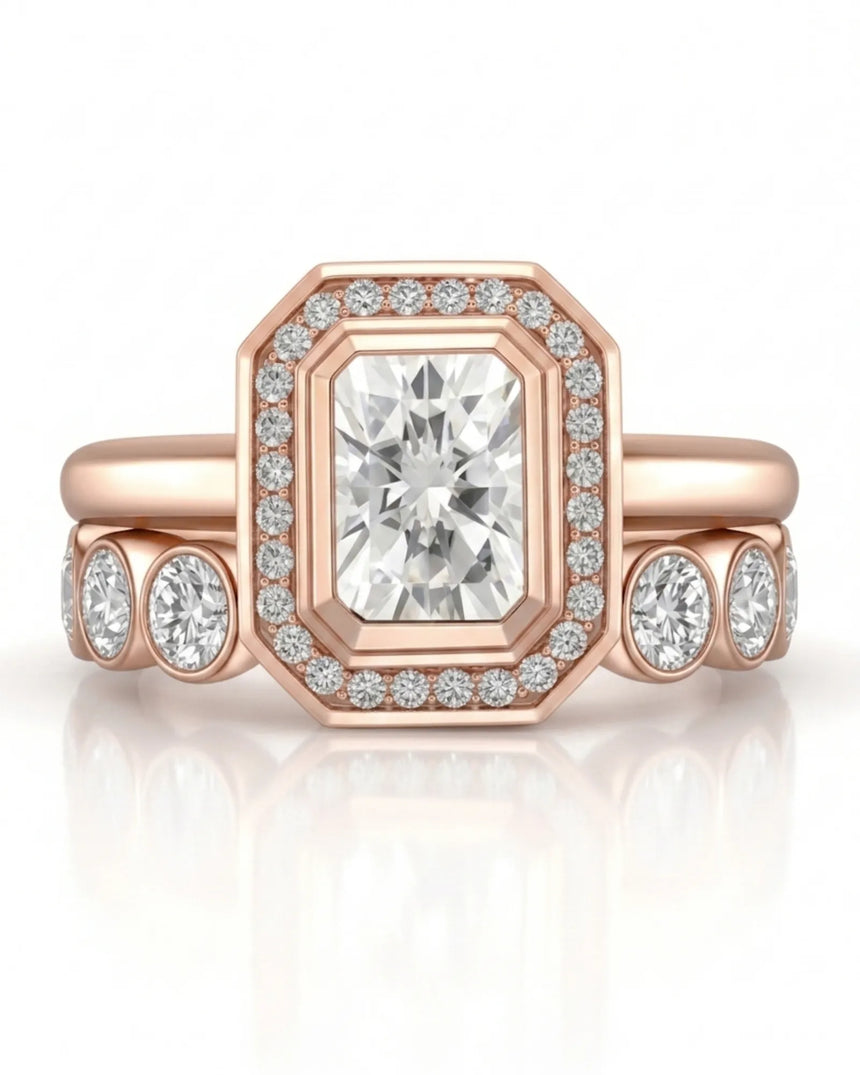 Radiant cut moissanite wedding set for a distinctive modern engagement in 18K rose gold | SARATTI