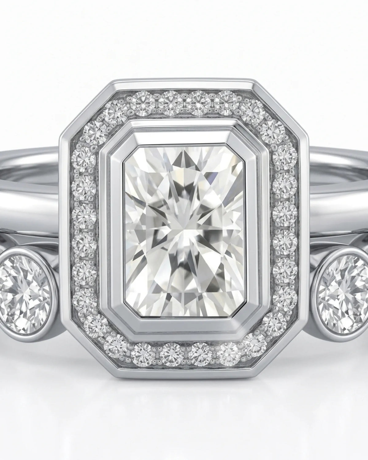 Radiant cut moissanite wedding set for a distinctive modern engagement in 18K white gold | SARATTI